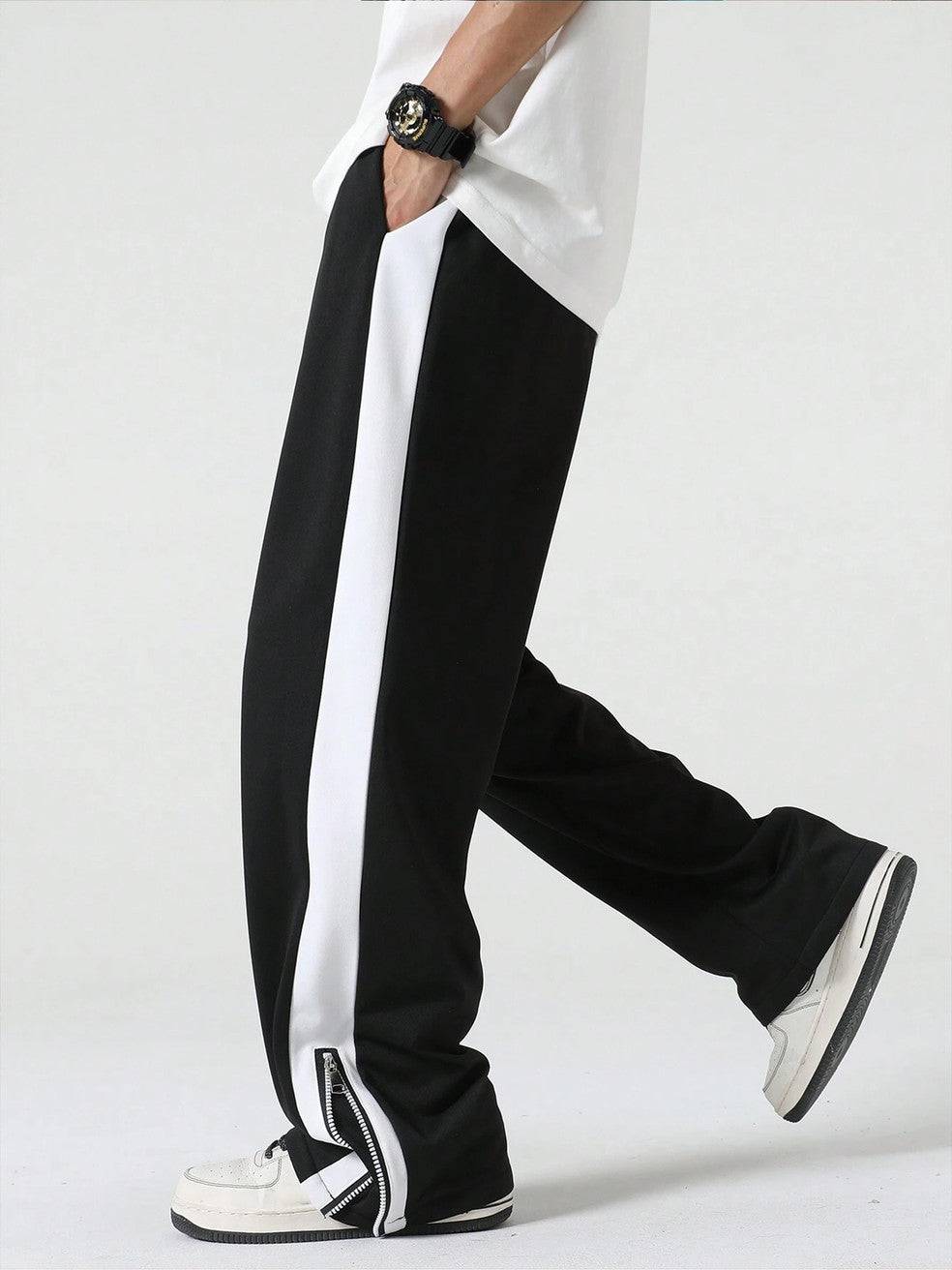 Jump Cuts Men Striped Black Track Pants
