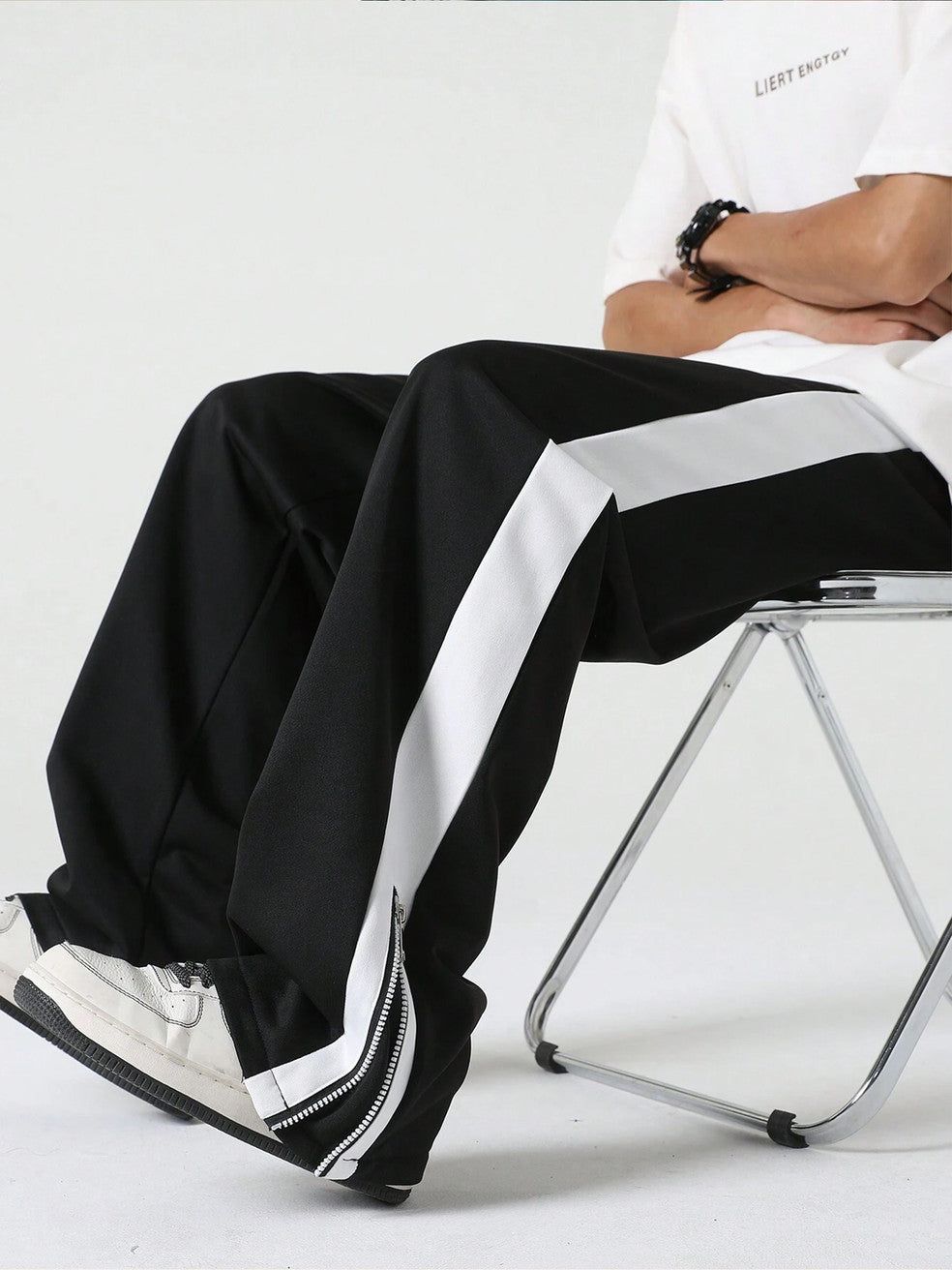 Jump Cuts Men Striped Black Track Pants