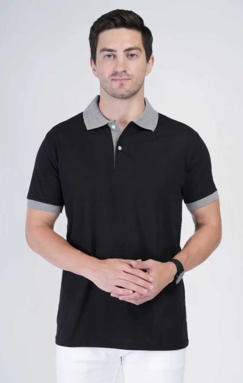 flora shine Men Solid Polo Neck Pure Cotton Black, Grey T-Shirt