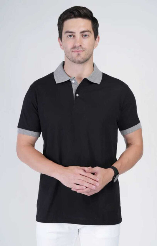 flora shine Men Solid Polo Neck Pure Cotton Black, Grey T-Shirt